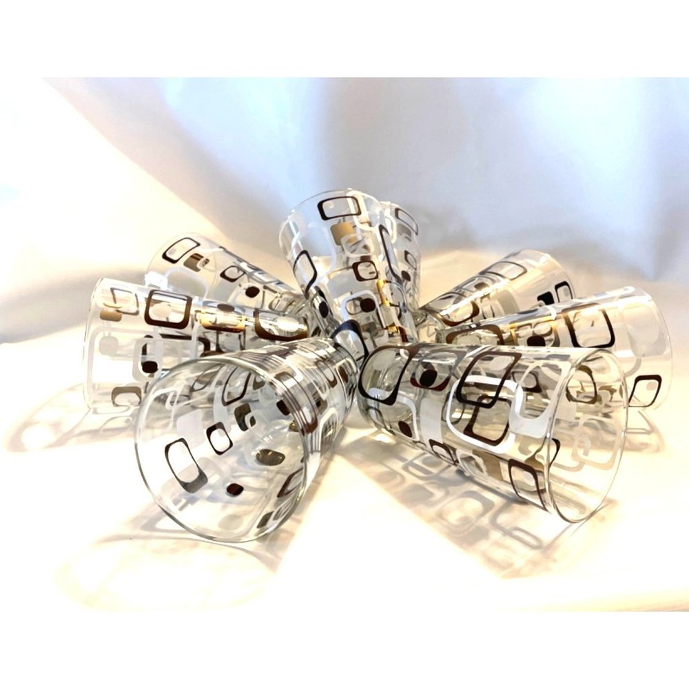 Geometric Print Vintage Mid-Century Modern Highball, glasses set 8 Cerve Italy